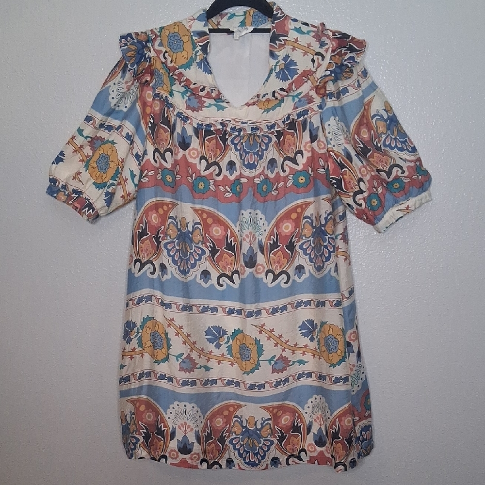 Umgee Pullover Tunic Dress Lightweight Floral Boho Hippie Peasant Ivory Blue L